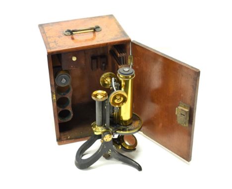 Swift &amp; Son Brass Microscope with circular stage, plano-concave mirror, black lacquered tilting stand, fine/course focusi