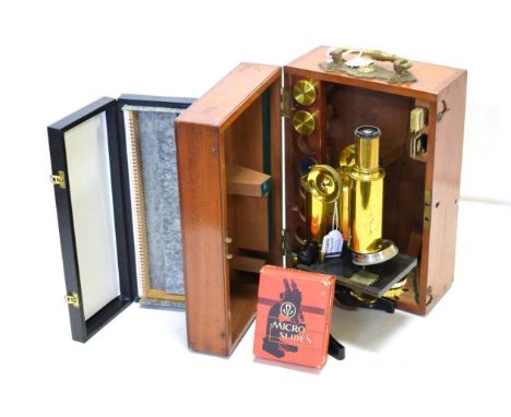 J Swift &amp; Son (London) Brass Microscope FH11826 with three lens turret, course/fine focusing, condenser, plano-concave mi