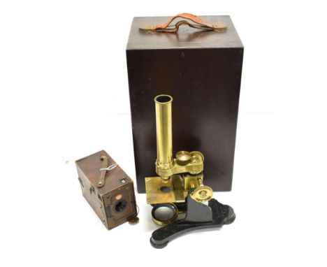 R Field &amp; Son (Birmingham) Brass Microscope with accessories (cased) together with a box camera (2)