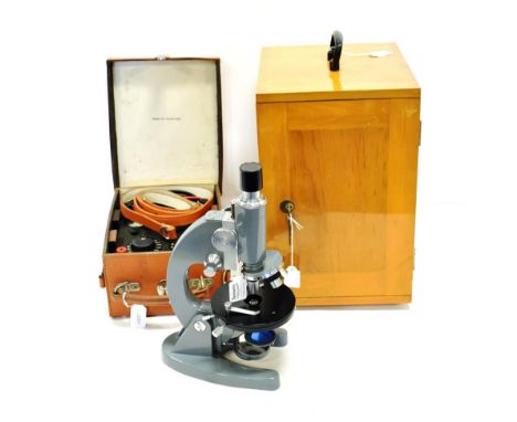 Guangzhou Model L201 Microscope grey lacquer finish with three lens turret (cased) together with Universal Avometer in leathe