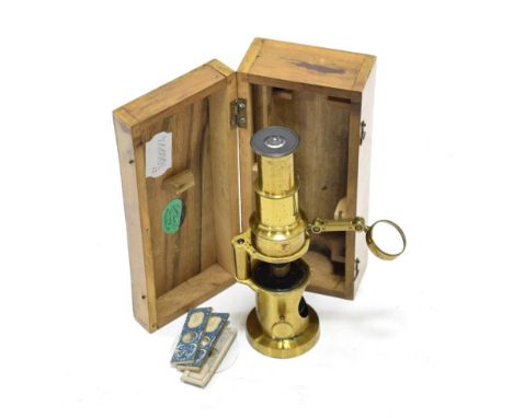 Travelling Microscope brass with push/pull focusing, flat mirror, external condenser lens, in wooden case with 'Hy Webster, O