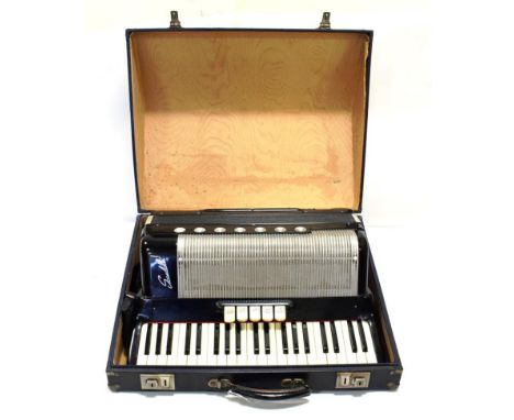 Scandalli Accordion 120 bass buttons, 41 piano keys, 5 treble couplers and two bass couplers, rear has engraved no.264/77 and