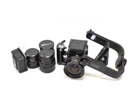 Bronica SQ-B Camera Outfit with body no.1601099, Zenzanon PS lenses: f4 40mm, f4 150mm, f2.8 80mm and f3.5 50mm; prism viewer
