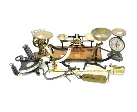 Various Balances including Reuss steelyard stamped '1871'; two pendulum scales and a letter scale; Roberval scales and assort