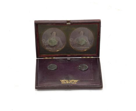 Stereo Daguerrotype By William Edward Kilburn portrait of a lady holding a book, in leather case with viewer