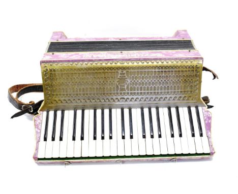 Piano Accordion by Settimio Soprani, 120 bass buttons, 41 treble keys, coupling slide, purple pearloid casing, cased