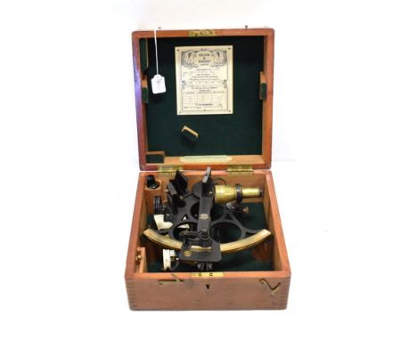 Kelvin &amp; Hughes (Husun) Sextant no.55519, with cracked black finish and Vernier scale; in mahogany case with manufacturer