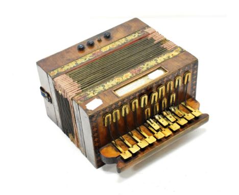 Melodeon Accordion 1.4 four bass buttons, makers label 'Paolo Soprani Napoli'Requires restoration to be usable, some keys and