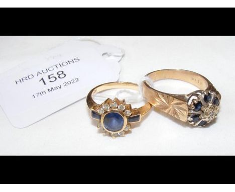 A 9ct gold ring set with sapphires and diamonds, together with an 18ct gold ring with oval central sapphire