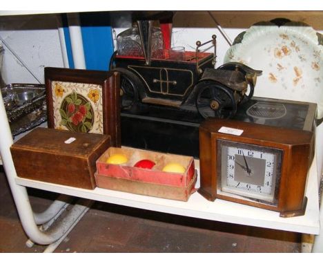 A Smith's eight day mantel clock together with billiard balls, framed tile and Lady Hamilton brandy glasses etc.