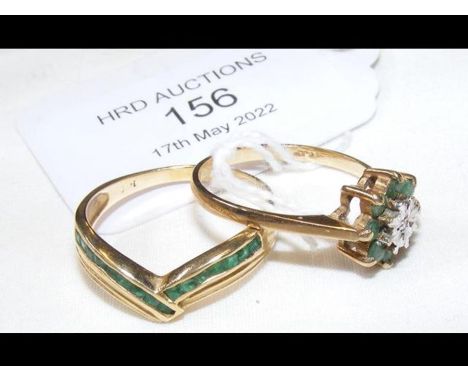 A 9ct gold ring set with diamonds and emeralds together with a gold emerald set wishbone ringCONDITION REPORTBOTH size Q appr