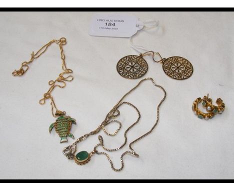 A pair of filigree earrings, two necklaces, together with a pair of gold seed pearl and emerald earrings