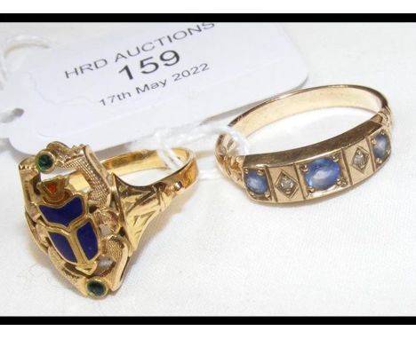 A 9ct gold ring set with sapphires and diamonds together with a ring set with blue enamelCONDITION REPORTsaph & dia ring appr