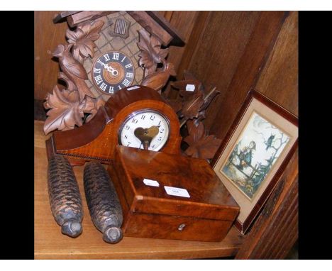 A cuckoo clock, a mantel clock, picture of Red Riding Hood and wooden lock box 
