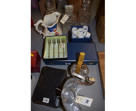 A hand-made hip flask pattern decanter; a Japanese style dagger; a watch; a pair of lorgnettes; Coalport 'Ludlow' pattern nap