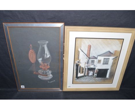 A pastel painting, by Penny Sykes - still-life of an oil lamp, signed and dated '78; together with another pastel painting - 