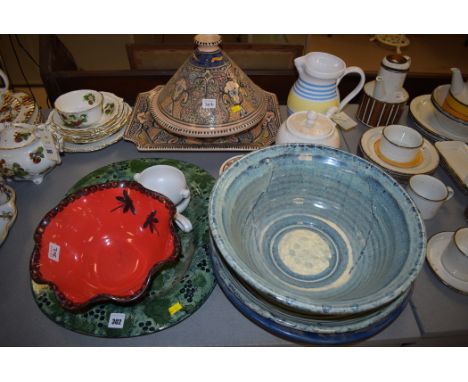 A hand-painted Italian plate, by Amtattams, with vine decoration; a Taggine; two cockerel painted Denby ceramic items; a pott