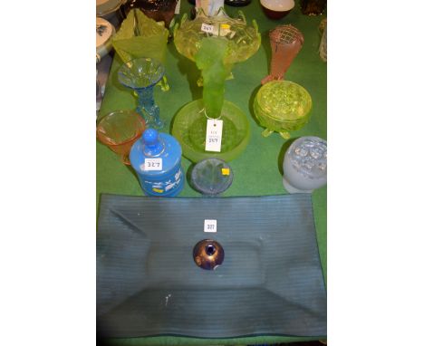 Coloured pressed glassware, to include: vases, one numbered 799041; flower holders; a circular blue opaque jar and cover with