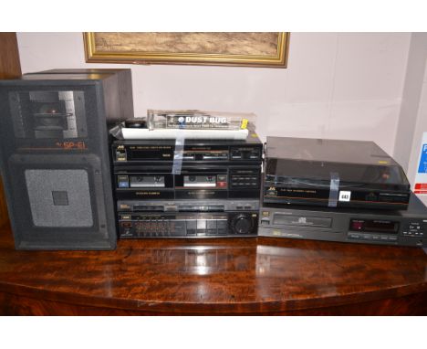 A JVC hi-fi system, model no. DR-E2l; Al-E1 fully automatic turntable; a pair of JVC two-way speaker system, SP-E1; together 