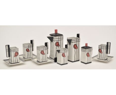 Lorna Bailey: a coffee service, in the style of Rennie Mackintosh, with painted stylized floral decoration, comprising: coffe