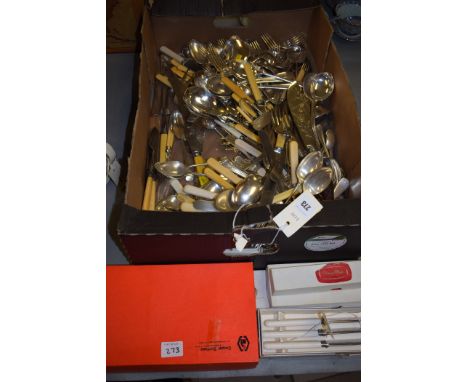 Plated cutlery, to include: spoons; knives; forks; a ladle; some boxed; and a pair of Victorian antler handled fish servers.