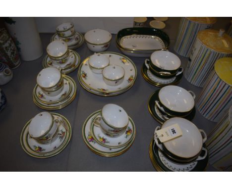 Spode 'Green Velvet' pattern soup bowls, saucers, and dishes; together with Spode Copeland's 'fruit' pattern part tea service