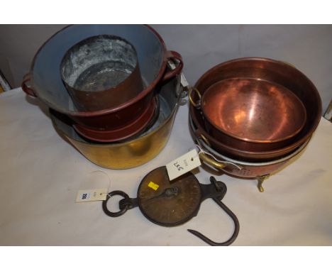 A brass faced butcher's spring balance; a First World War French shell case vase; a brass jam pan; a quantity of copper strai