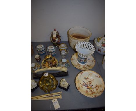 Crown Ducal ware: jardiniere, plate and strainer; continental porcelain cups and saucers; oriental style items, and sundries.