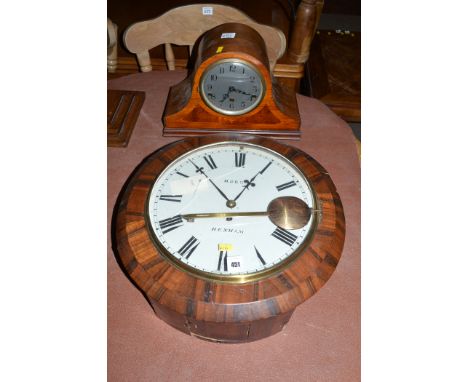A 19th Century circular wall clock, by M. Ord, Hexham, enamel roman dial; and an Edwardian inlaid mahogany mantel clock, arab
