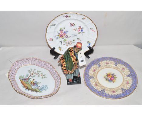 A 20th Century Meissen basket, the pierced edge decorated with birds; a Coalport circular plate with floral sprigs, retailed 