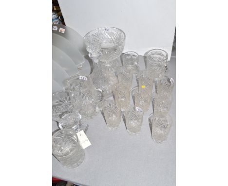 Cut glassware, to include: tumbler glasses, decanter, vase, and a Royal Brierley pedestal bowl.