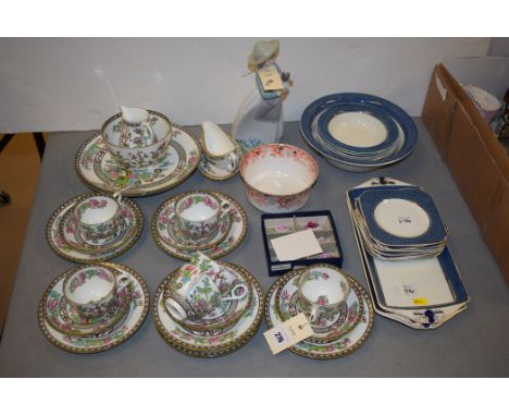 A Copeland 'Indian Tree' pattern tea service; a Nao figurine; a Woods ware 'Powder Blue' pattern sandwich and part breakfast 