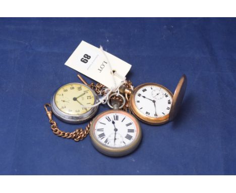 A rolled gold cased full hunter pocket watch with white enamel roman dial; a smiths Empire pocket watch; and a military pocke