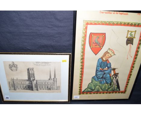 An engraving, by Daniel King - "The North Prospect fo the Cathedral Church of Durham"; and a reproduction illuminated manuscr