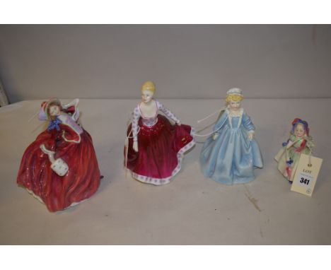 Royal Doulton figurines: Autumn Breezes, HN1934; Fiona, HN2694; Babie, HN1679; and Royal Worcester: Grandmother's Dress, 3081