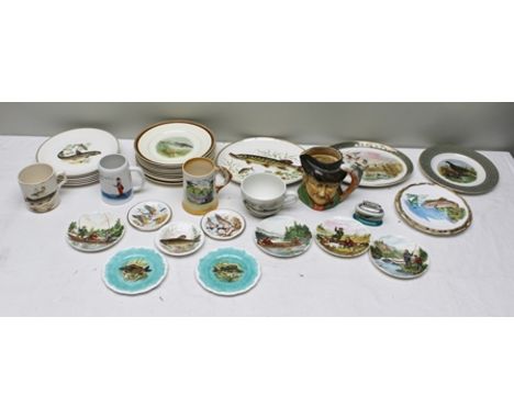 A SELECTION OF FISHING RELATED DECORATIVE POTTERY including; six Liverpool Road pottery dinner plates, each individually deco