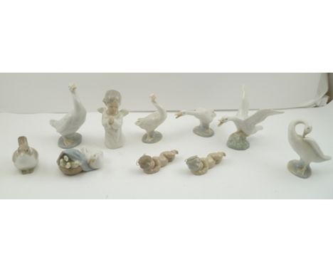 A COLLECTION OF LLADRO CERAMIC GEESE, together with a Praying Angel, Sleeping Cherubs etc. (10) 