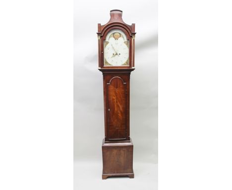 A 19TH CENTURY MAHOGANY LONGCASE CLOCK, the hood with shell patera inlay, the arched glazed door column flanked with brass Co