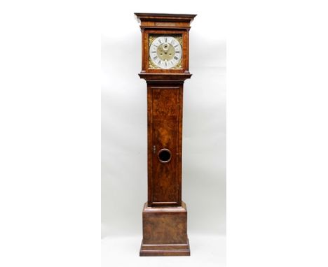 FRANCIS DORREL, LONDON AN 18TH CENTURY WALNUT LONGCASE CLOCK, having square top hood, face with cast spandrels, silvered chap