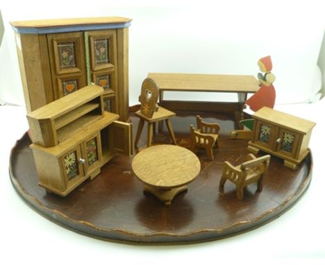 A QUANTITY OF MID-20TH CENTURY DOLL'S HOUSE FURNITURE, of large scale, the wardrobe is 27cm high, of wooden construction with