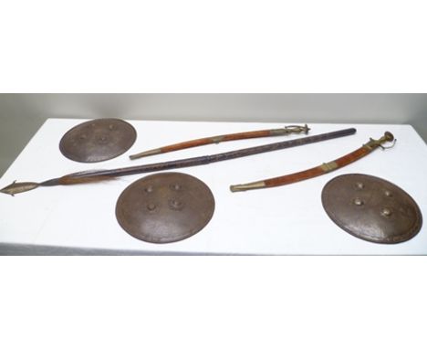 A CEREMONIAL SWORD, a pair of INDIAN CEREMONIAL SWORDS with brass mounted red velvet scabbard, including a CEREMONIAL SPEAR a