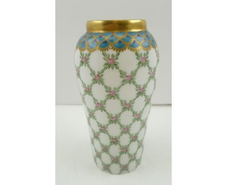 A "LEGRAS & CIE, ST. DENNIS, FRANCE" GLASS VASE of tapering form, hand painted with a floral lattice design with blue scale a