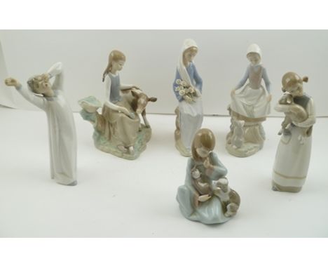 A COLLECTION OF LLADRO CERAMIC FIGURINES, includes girl with calf, 22cm high (6) 