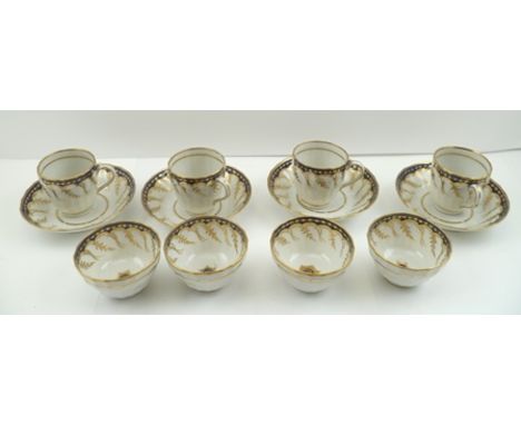 A SET OF FOUR CAUGHLEY PORCELAIN TRIOS, circa 1780, comprising four deep saucers, four tea bowls and four coffee cups, cobalt