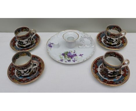 FOUR STAFFORDSHIRE "NEWPORT POTTERY" COFFEE CANS AND SAUCERS, in an overpainted willow pattern, together with a Continental p