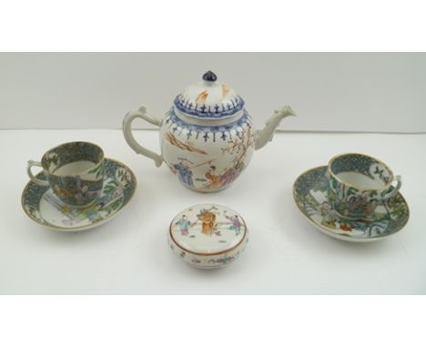 A CHINESE EXPORT PORCELAIN TEAPOT, of bullet form, polychrome painted, a painted box with cover, 8cm diameter, and a PAIR OF 