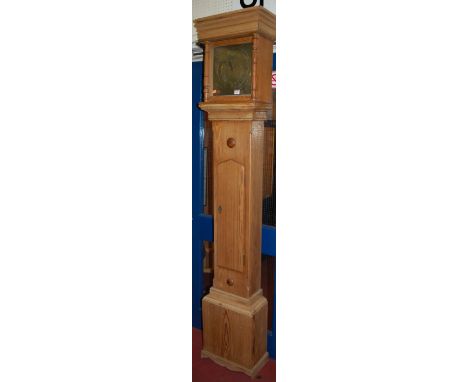 A provincial pitched pine longcase clock, having a floral engraved brass square dial, dial 10"