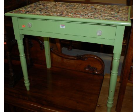 A Victorian green painted pine and ceramic mosaic inset single drawer side table, w.82cm