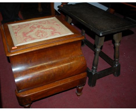 A moulded oak joint stool, together with a Victorian mahogany hinge top commode (2)