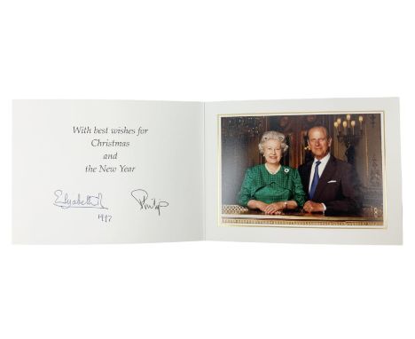 HM Queen Elizabeth II and HRH the Duke of Edinburgh - signed 1997 Christmas card with two gilt cyphers to front and colour ph